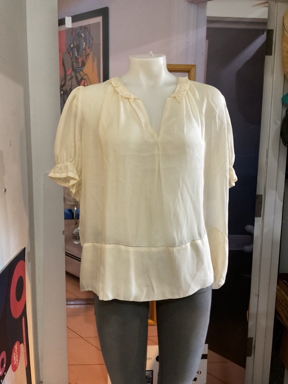 THE GREAT. Cream Ruffled Split-Neck Pintuck Blouse